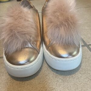 Steve Madden Metallic Rose Gold Faux Fur Pom Pom Slip On Sneakers